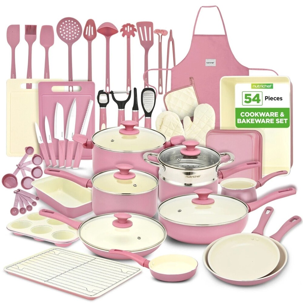 NutriChef 54-Pcs Home Kitchen Cookware High-Quality Ceramic (Blush Pink) NIB NEW - Picture 1 of 2
